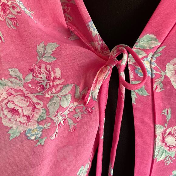 Flora Nikrooz Semi Sheer Short Robe Pink Floral Print Tie Belt Size Medium - Picture 6 of 8
